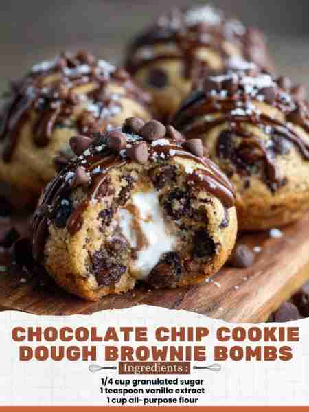 Chocolate Chip Cookie Dough Brownie Bombs Ingredients: 1/4 cup granulated sugar 1 teaspoon vanilla e...
