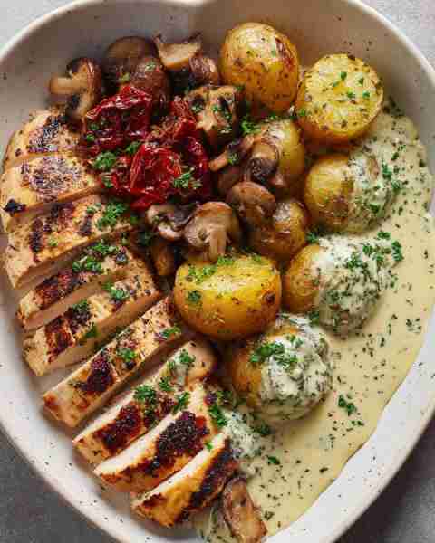 Comfort food done right — Garlic Herb Chicken with Mushrooms & Crispy Potato Wedges
