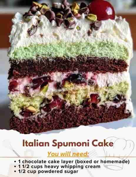 Italian Spumoni Cake 🍒 Ingredients: - 1 chocolate cake layer (boxed or homemade) - 1 pistachio cake...