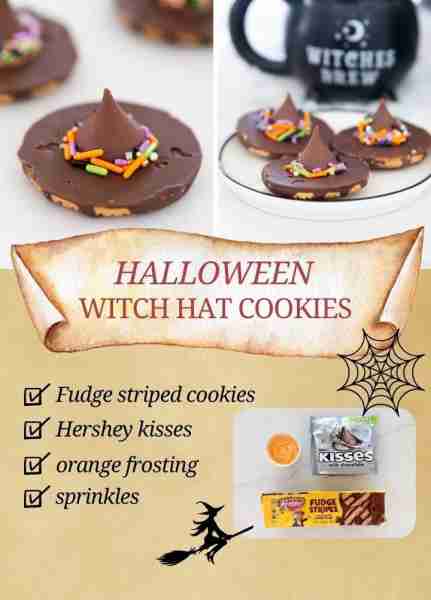These witch hat cookies are easy to assemble with fudge striped cookies and Hershey kisses! An adora...