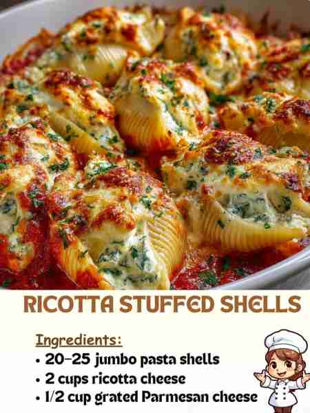 Ricotta Stuffed Shells Ingredients 20–25 jumbo pasta shells 2 cups ricotta cheese ½ cup grated Parm...