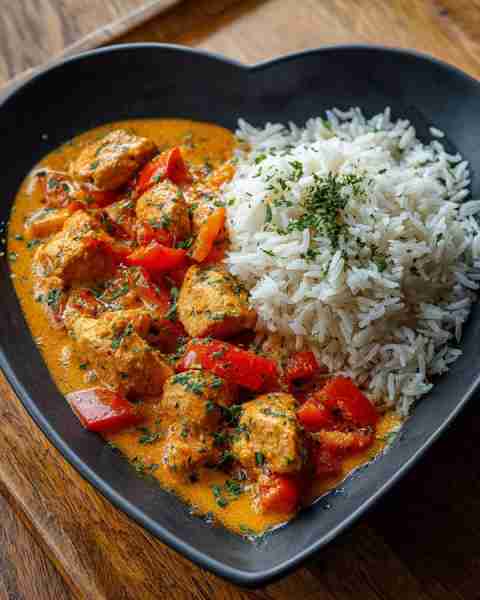 This smelled like Sunday dinner — Creamy Chicken Curry with Red Peppers & Herbed Basmati Rice