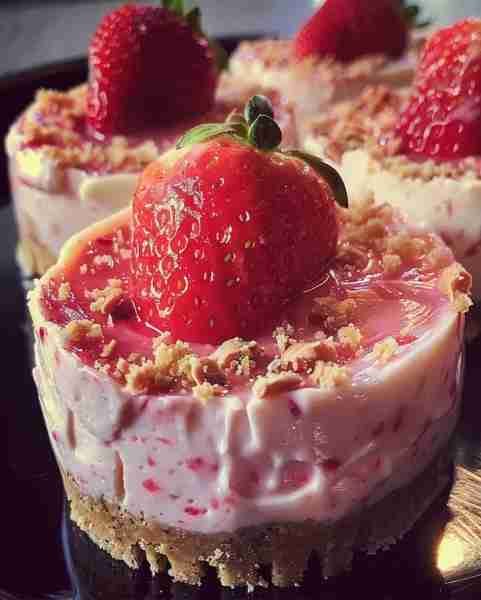 No Bake Mini Strawberry Cheesecake Ingredients : 12 vanilla sandwich cookies, crushed 3 tablespoons...