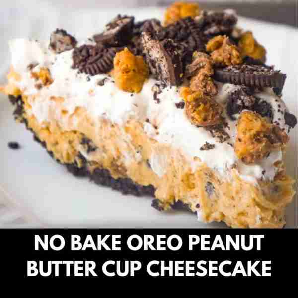 No Bake Bake Oreo Peanut Butter Cup Cheesecake is an easy no bake dessert recipe perfect for peanut...