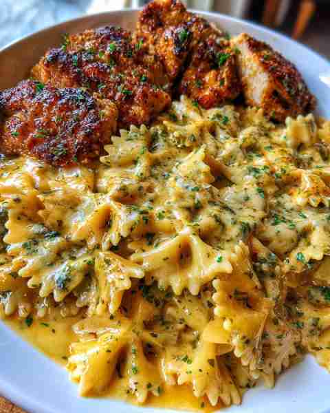 Garlic Parmesan Chicken Bowtie Pasta in Cheesy Cajun Three-Cheese Sauce Ingredients: 1½ lbs boneless...