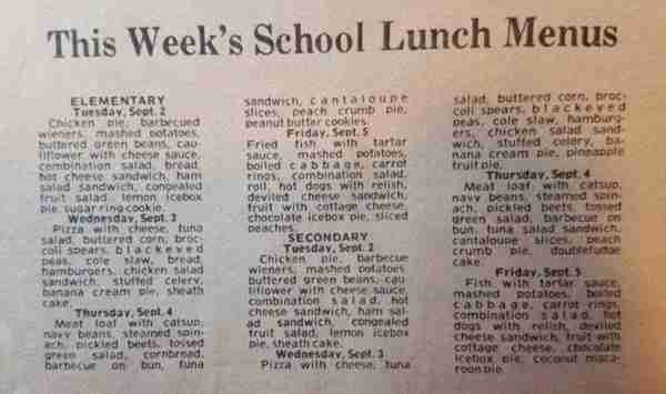Remember when school lunch menus were printed in the newspaper? #schoollunches #lunchmenu #vintagere...