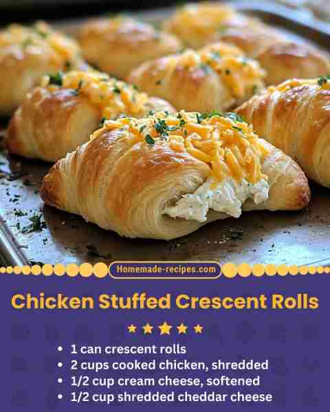 Chicken Stuffed Crescent Rolls 📋 Ingredients • 1 can crescent rolls • 2 cups cooked chicken, shredd...