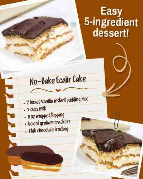 No-Bake Eclair Cake ✨ ~ 2 boxes vanilla instant pudding mix ~ 3 cups milk ~ 8 oz whipped topping ~...