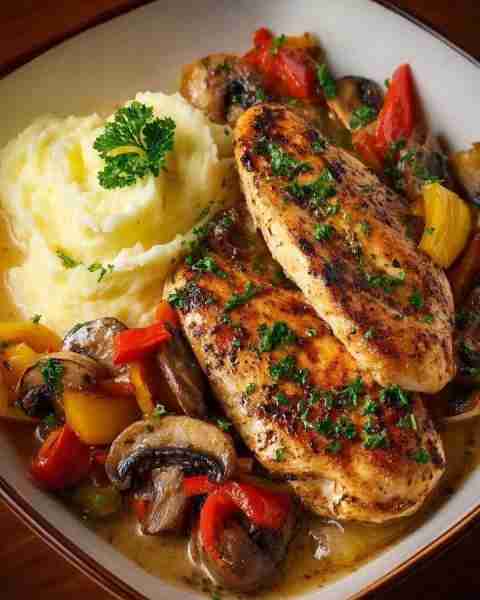 🍗 Herb-Grilled Chicken with Sautéed Peppers, Mushrooms & Creamy Mashed Potatoes 🥔🍄🌶️ Prep Time: 2...