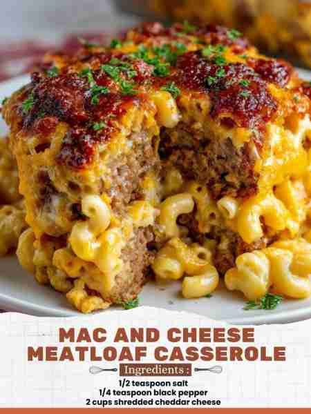 Mac and Cheese Meatloaf Casserole Ingredients: 1/2 teaspoon salt 1/4 teaspoon black pepper 2 cups sh...