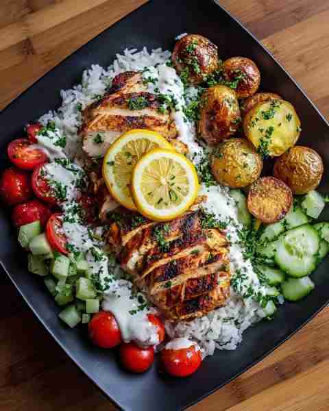 🍋 Mediterranean Grilled Chicken Bowl with Yogurt Sauce & Roasted Potatoes 🥗 Prep Time: 20 minutes...