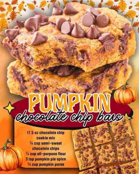 PUMPKIN CHOCOLATE CHIP BARS! 17.5 oz chocolate chip cookie mix ¾ cup semi-sweet chocolate chips ¼ cu...