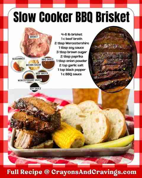 SLOW COOKER BBQ BRISKET 4–6 lb brisket 1 cup beef broth 2 Tbsp Worcestershire sauce 1 Tbsp low‑sodiu...