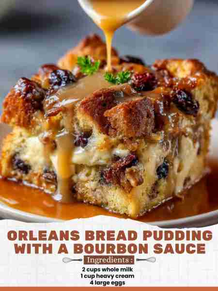 Orleans Bread Pudding with a Bourbon Sauce Ingredients: 2 cups whole milk 1 cup heavy cream 4 large...