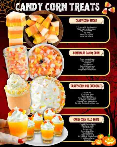CANDY CORN TREATS! CANDY CORN FUDGE: 4 ½ cups white chocolate chips ¾ cup heavy whipping cream 3 tsp...