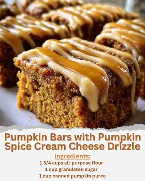 Pumpkin Bars with Pumpkin Spice Cream Cheese Drizzle Ingredients: - 1 3/4 cups all-purpose flour - 1...