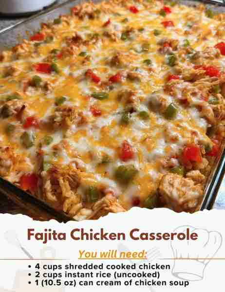 Fajita Chicken Casserole Ingredients: - 4 cups shredded cooked chicken (about 3 large breasts) - 2 c...