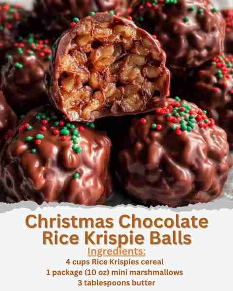 Christmas Chocolate Rice Krispie Balls Ingredients: - 4 cups Rice Krispies cereal - 1 package (10 oz...