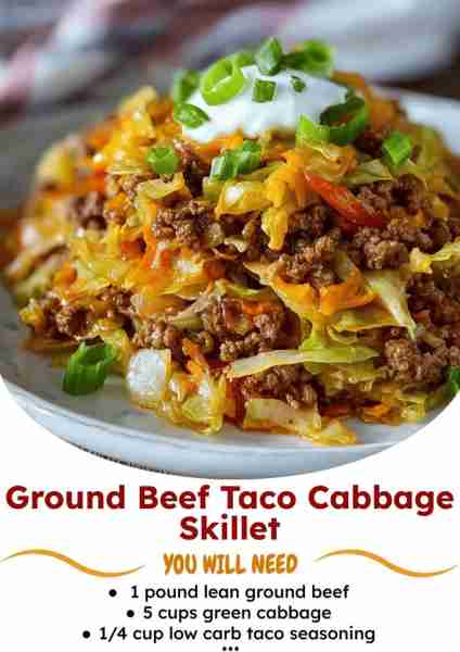 Ground Beef Taco Cabbage Skillet 😋 Ingredients : 1 pound lean ground beef 5 cups green cabbage, shr...