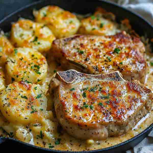 Garlic Parmesan Pork Chops with Cheesy Scalloped Potatoes Ingredients For the pork chops: 4 bone-in...