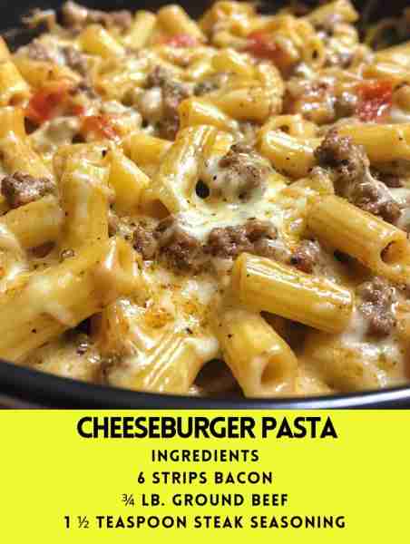 Cheeseburger Pasta Ingredients: 8 oz elbow macaroni 1 lb ground beef 1 medium onion, diced 2 cloves...