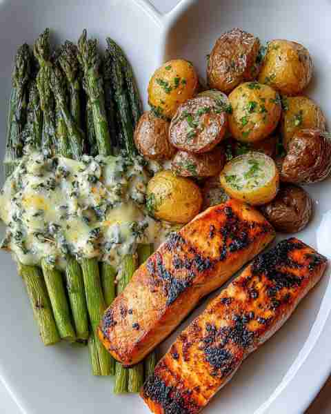 🔥 Grilled Salmon with Cheesy Asparagus & Crispy Baby Potatoes 🧄🧀🥔 Prep Time: 20 minutes Cook Tim...