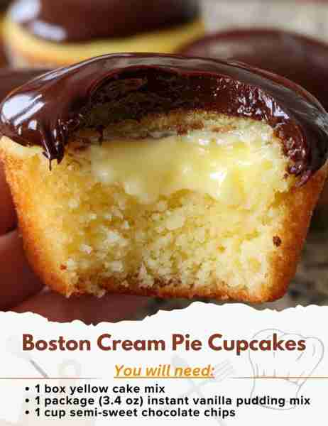 Boston Cream Pie Cupcakes Ingredients: For the Cupcakes: - 1 box yellow cake mix (or your favorite v...