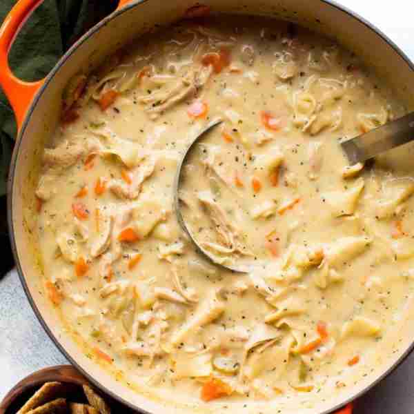 Light & creamy chicken noodle soup is easy, satisfying, and the best comfort food during the chilly...