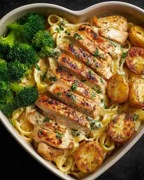 🍝 Creamy Chicken Alfredo Pasta with Roasted Potatoes & Broccoli 🥦🍗 Prep Time: 20 minutes Cook Tim...