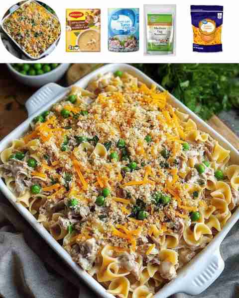 Tuna Noodle Casserole Ingredients: - 8 oz egg noodles - 2 cans of tuna, drained - 1 can of cream of...