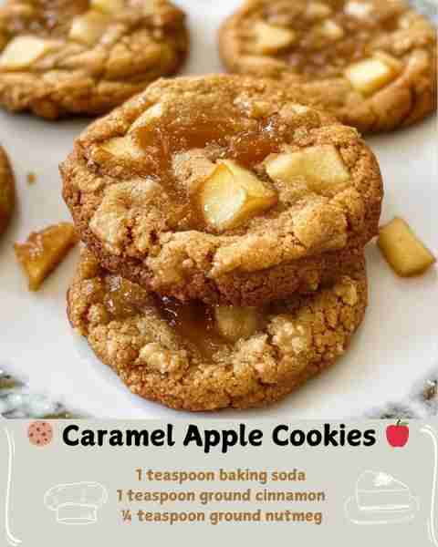 🍪 Caramel Apple Cookies 🍎 Ingredients 2 ¼ cups all-purpose flour 1 teaspoon baking soda ½ teaspoon...