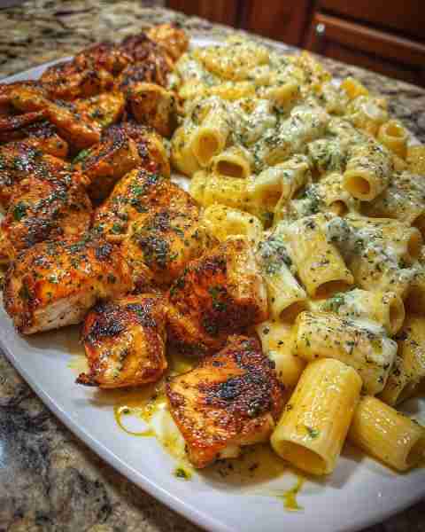 Garlic Parmesan Chicken Rigatoni in Creamy Three-Cheese Alfredo Sauce Ingredients: 1½ lbs boneless,...