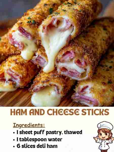 Ham and Cheese Sticks Ingredients 1 sheet puff pastry, thawed 1 tablespoon water 6 slices deli ham ....