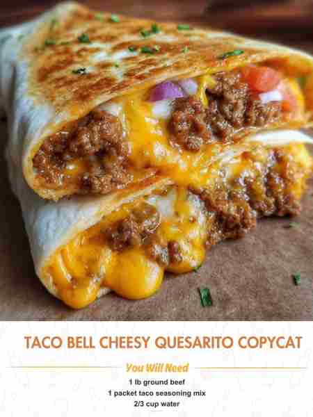 Taco Bell Cheesy Quesarito Copycat Ingredients 1 lb ground beef 1 packet taco seasoning mix 2/3 cup...