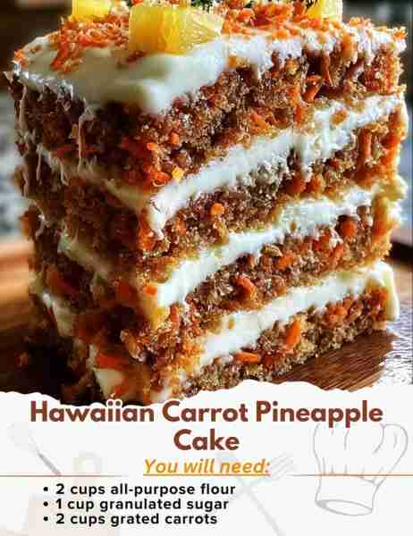 Hawaiian Carrot Pineapple Cake Ingredients: - 2 cups all-purpose flour - 2 teaspoons baking powder...