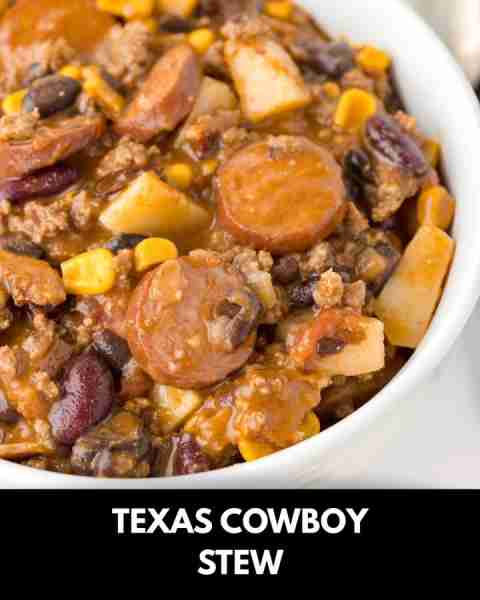 Texas Cowboy Stew is a hearty dish loaded with ground beef, smoked sausage, bacon, potatoes, corn, b...