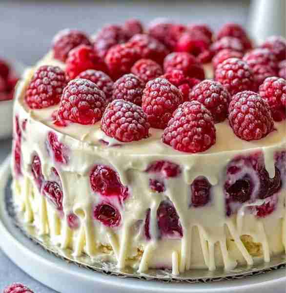🍰 White Chocolate Raspberry Poke Cake A moist vanilla cake soaked with white chocolate pudding and...