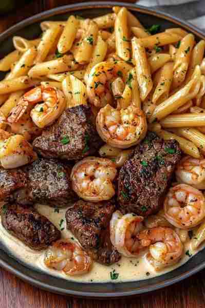 🥩🍤 Steak and Shrimp Alfredo Pasta Ingredients: For the Steak & Shrimp: 200g sirloin or ribeye ste...