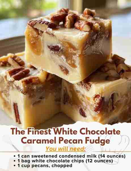 The Finest White Chocolate Caramel Pecan Fudge Ingredients: - 1 can sweetened condensed milk (14 oun...