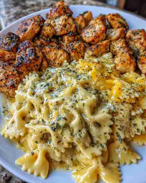 Cheesy Garlic Butter Chicken Bowtie Pasta in Creamy Three-Cheese Sauce Ingredients: 1½ lbs boneless,...