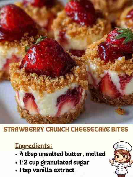 Strawberry Crunch Cheesecake Bites Ingredients 4 tbsp unsalted butter, melted 1/2 cup granulated sug...