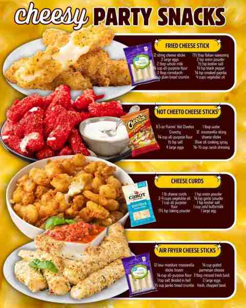 CHEESY PARTY SNACK RECIPES! FRIED CHEESE STICKS: 12 string cheese sticks 2 large eggs 2 tbsp whole m...