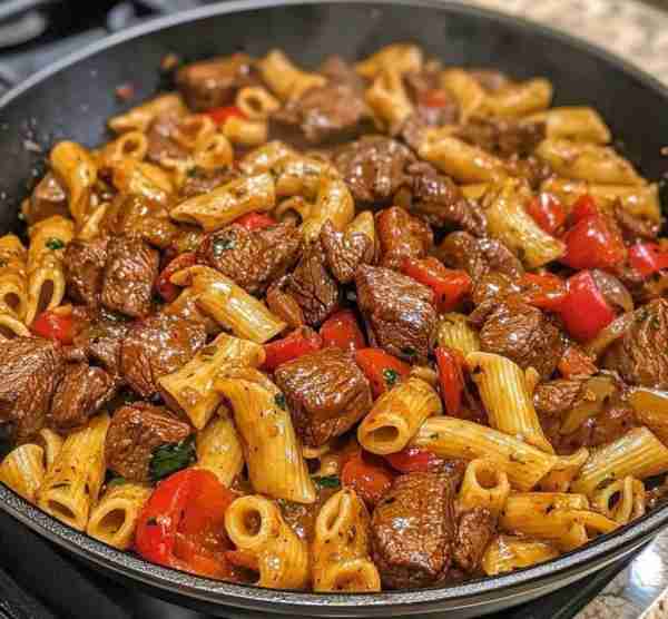 Beef Steak Pasta 🥩🍅🧅🫑 ✨Ingredients: * Steak strips, cut into thin strips * Penne pasta * 1 tabl...