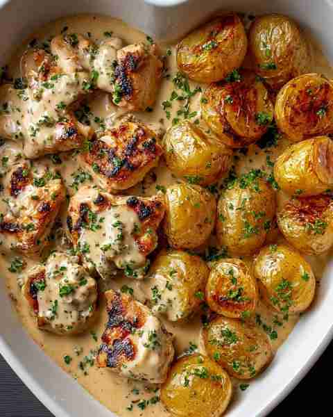 No leftovers were seen after this one — Creamy Garlic Chicken Thighs with Roasted Baby Potatoes