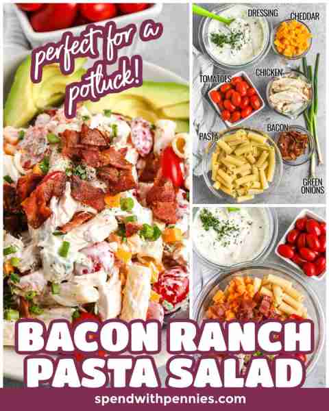 Comment RECIPE to get the recipe! Chicken bacon ranch pasta salad is a creamy, crunchy, and colorful...