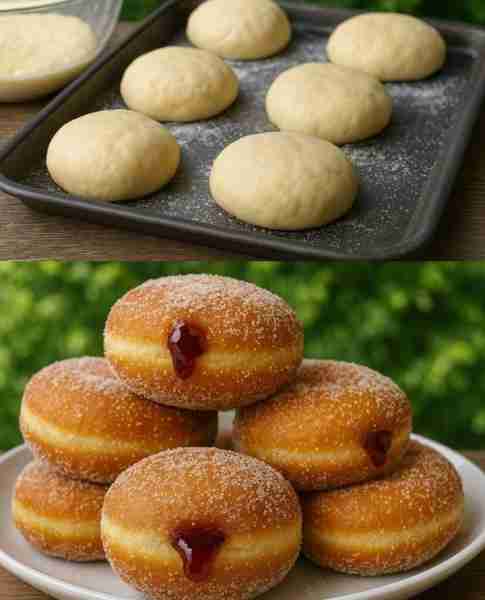 Jam Donuts 🍩🍓🍩🍓 Ingredients: - 1 cup warm milk - 2 1/4 tsp active dry yeast - 1/4 cup granulated...