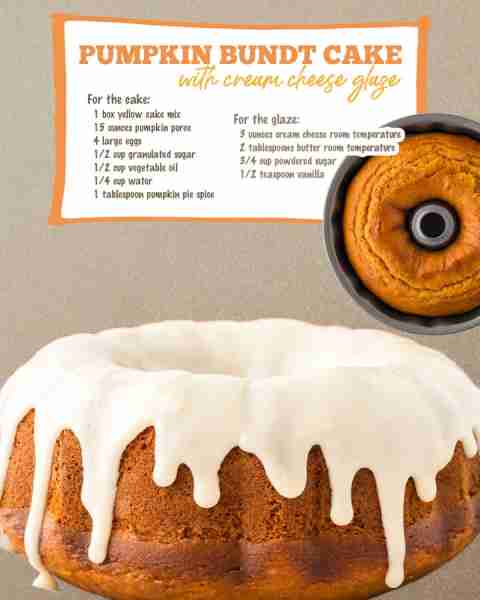 We’re doctoring up a yellow cake mix to make this extra easy, Fall spiced Pumpkin Bundt Cake with Cr...