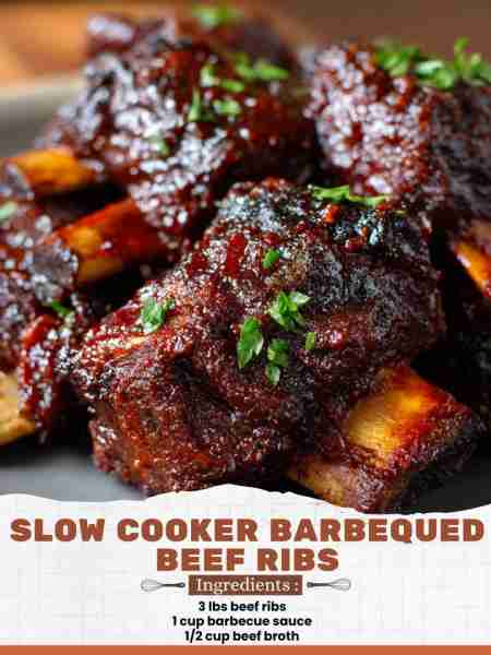Slow Cooker Barbequed Beef Ribs Ingredients: 3 lbs beef ribs 1 cup barbecue sauce 1/2 cup beef broth
