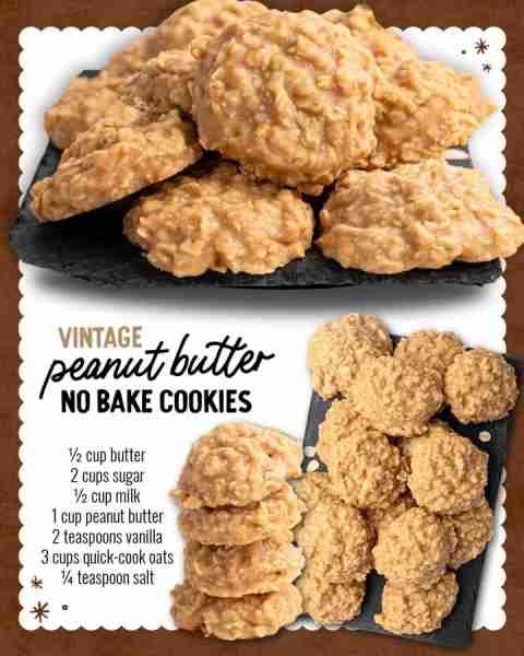 Just like Grandma used to make. Vintage Peanut Butter No Bake Cookies!!! INGREDIENTS 3 cups quick-co...