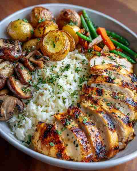 Hearty Grilled Chicken Bowl with Roasted Potatoes, Mushrooms & Rice 🌿 Prep Time: 20 minutes Cook Ti...